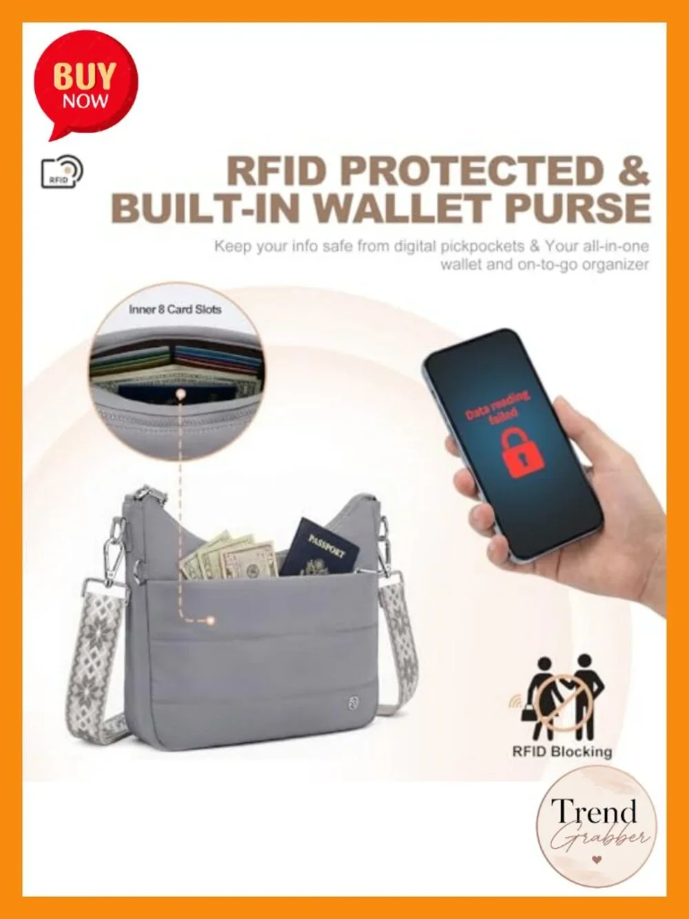 Anti Theft Crossbody Hobo Bag RFID Quilted Nylon Travel Purse